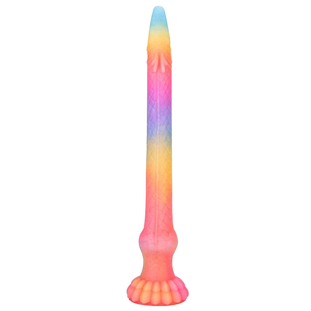 Endless rainbow fantasy octopus tentacle dildo on a white background.