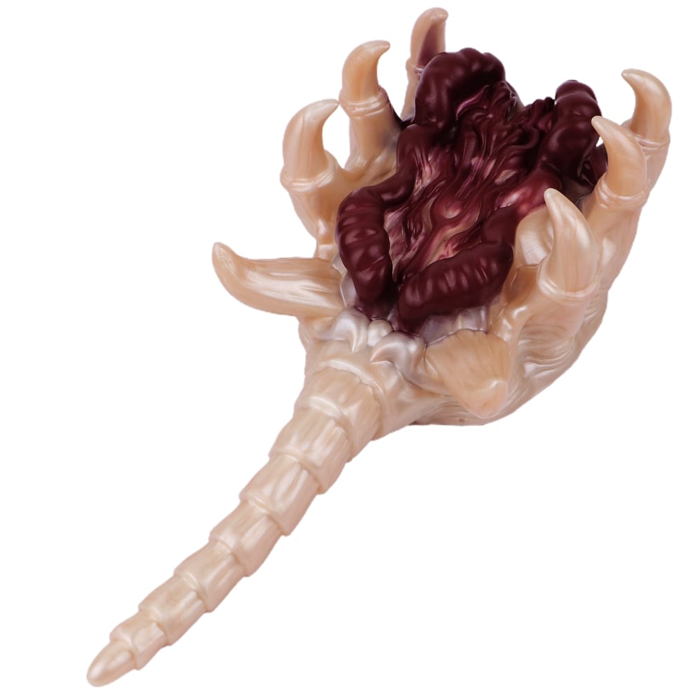 Front view of facehugger fantasy alien monster male manual masturbator on white background.