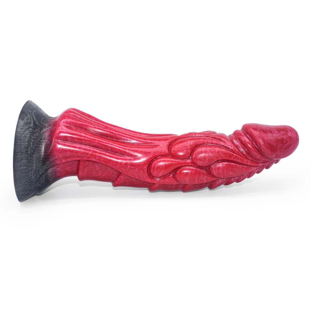 Hookfang 9 inch silicone squirting dildo with monster cock design dark red is shown lying on its side against a white background.