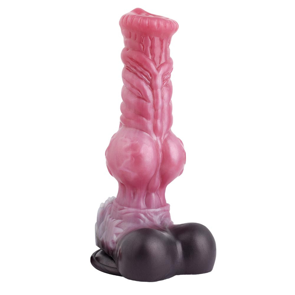 Front view of warwick 13 inch silicone wolf dildo with realistic knot on white background, showing detailed wolf-inspired structure.