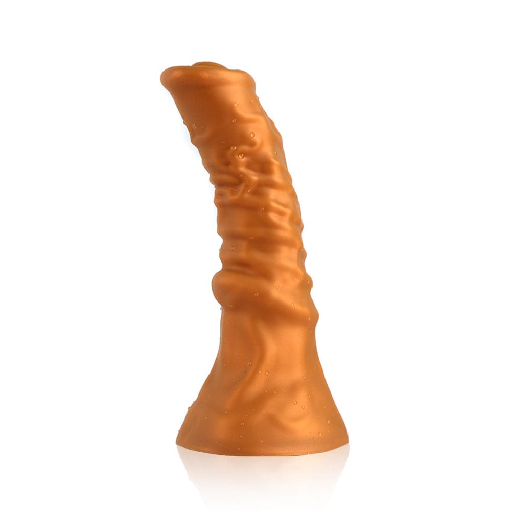 Gold ruby 14 inch fantasy horse dildo on a white background.