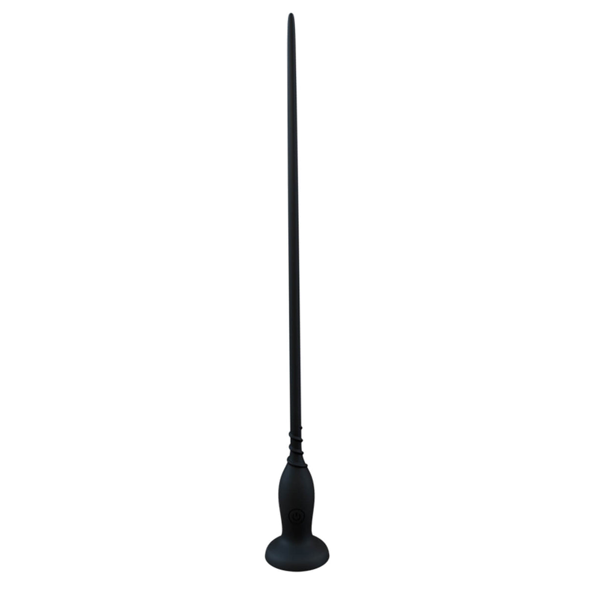 11 inch black silicone vibrating penis plug on a white background.