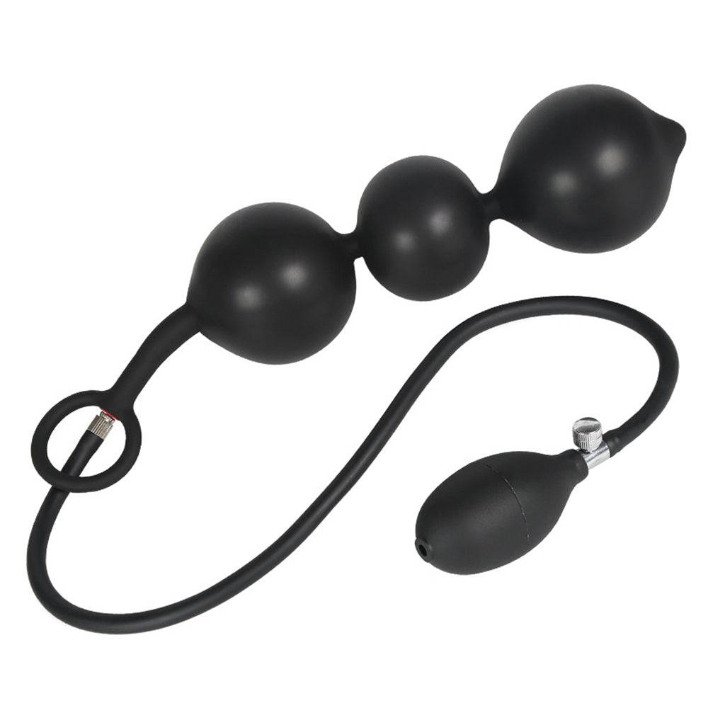 3 balls black inflatable anal bead on a white background.