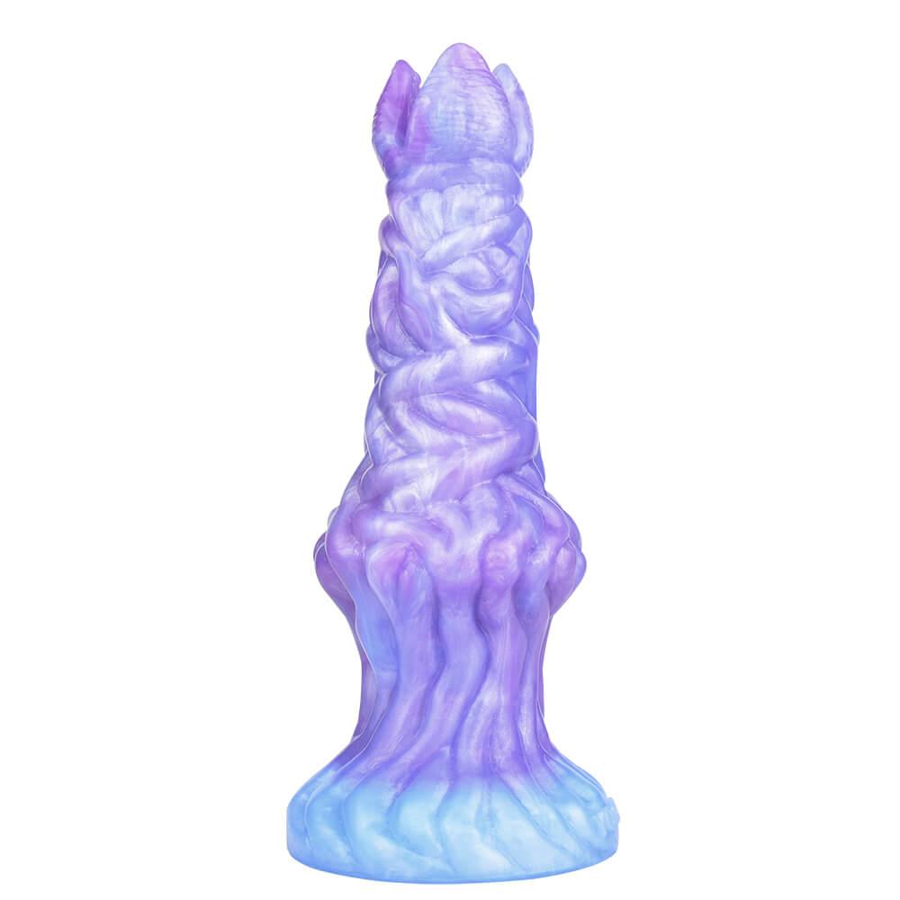 7 inch fantasy alien creature ovipositor dildo purple front standing on white background.