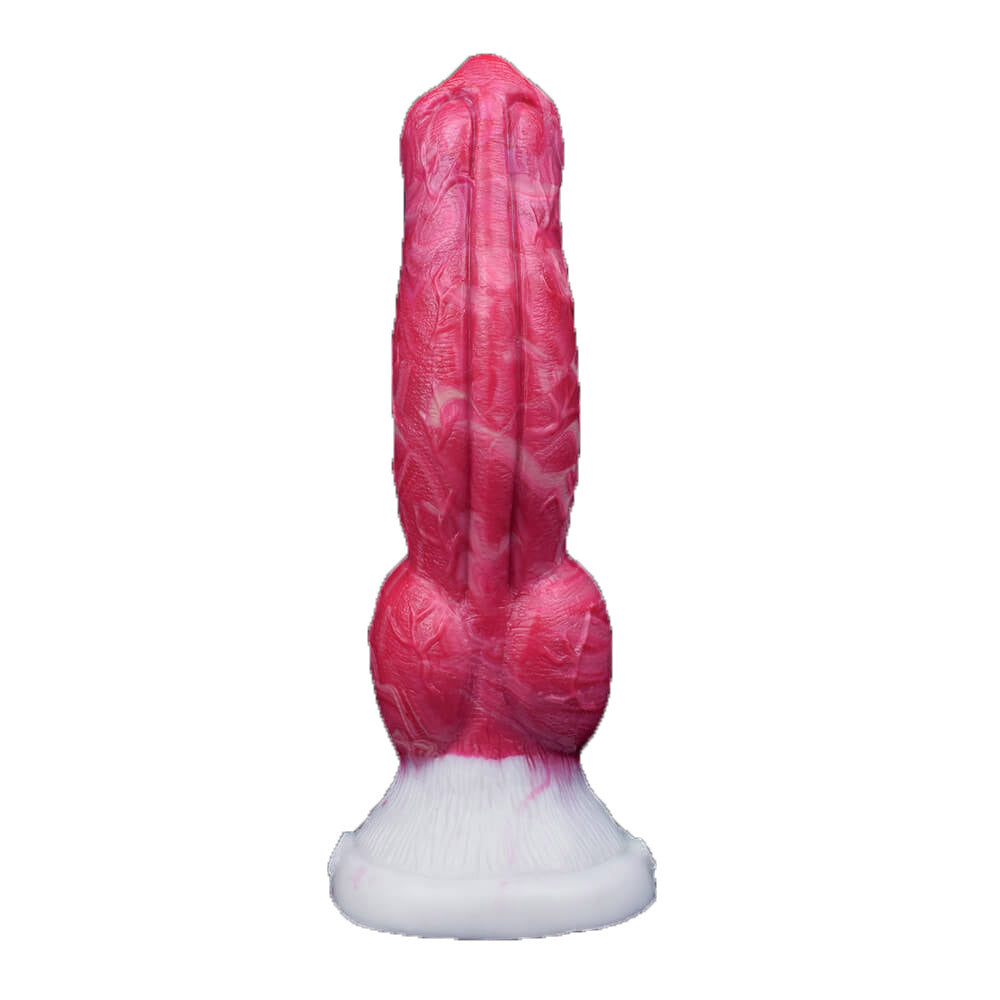 7 inch fantasy dog dildo with realistic knot red front standing on black background.