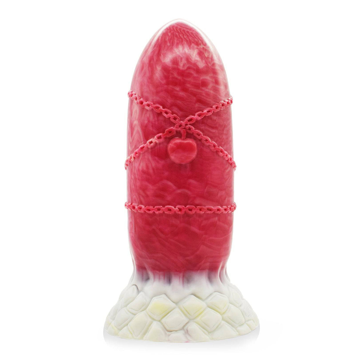 8 inch egg butt plug with chain in light red on white background.