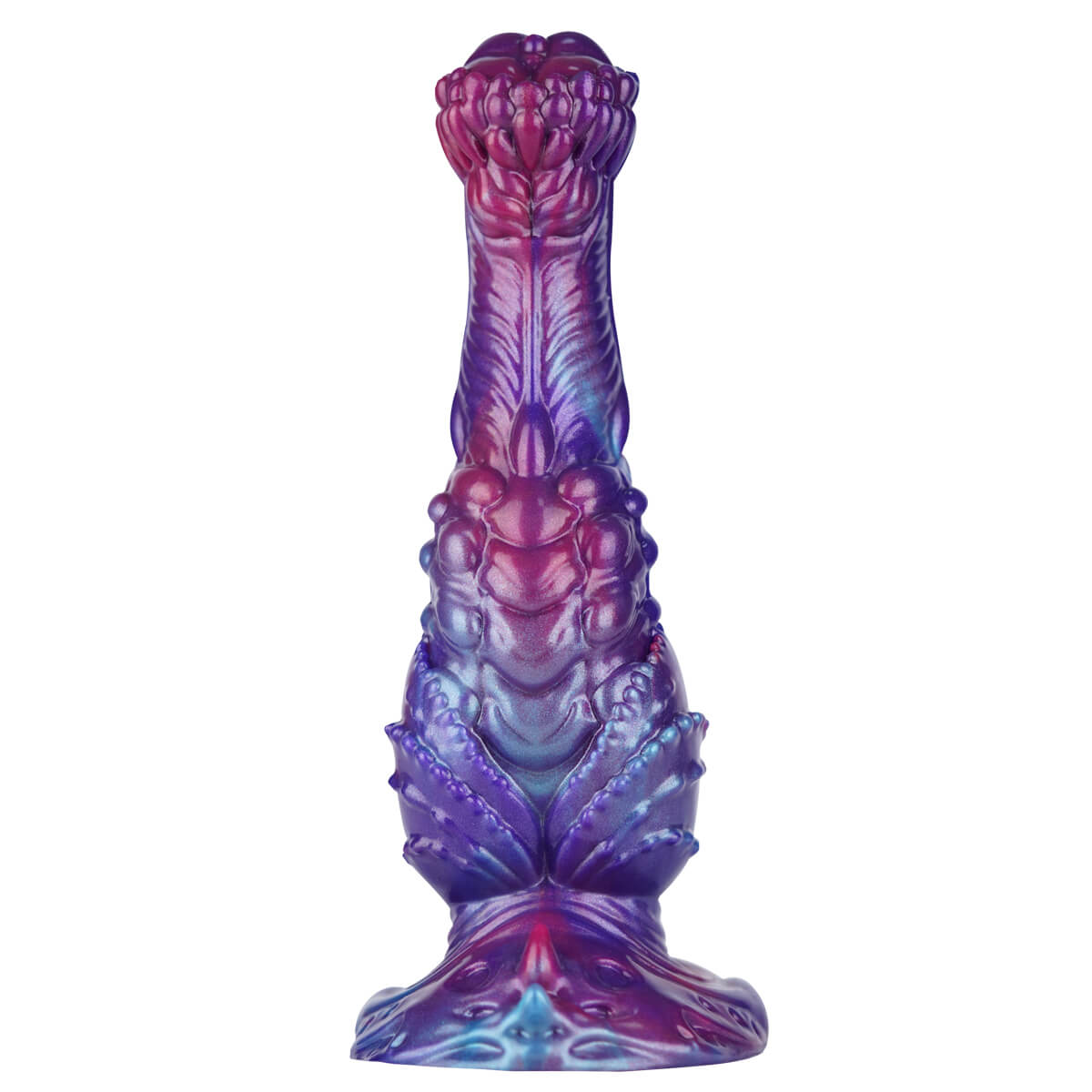 8 inch fantasy monster flared horse dildo with knot standing upright on white background.