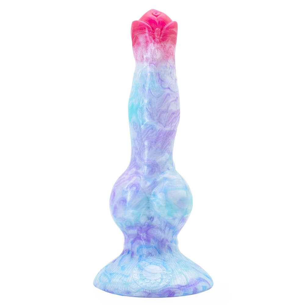 8 inch silicone wolf dildo with knot ice dragon front view, displayed on white background.