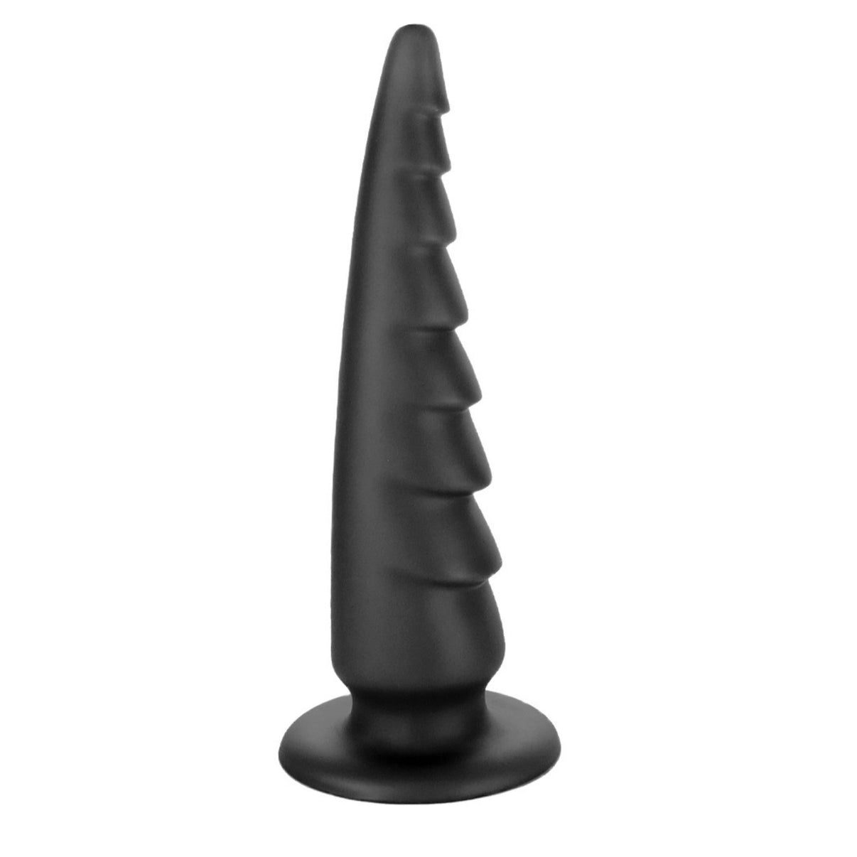 Carrot 17 inch long black butt plug dildo on a white background.