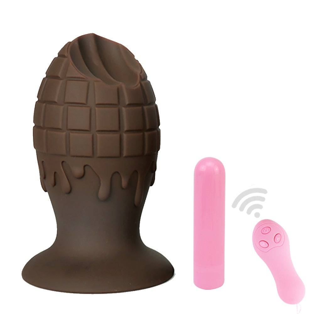 Chocolate 5 inch anal small vibrating dildo on a white background.