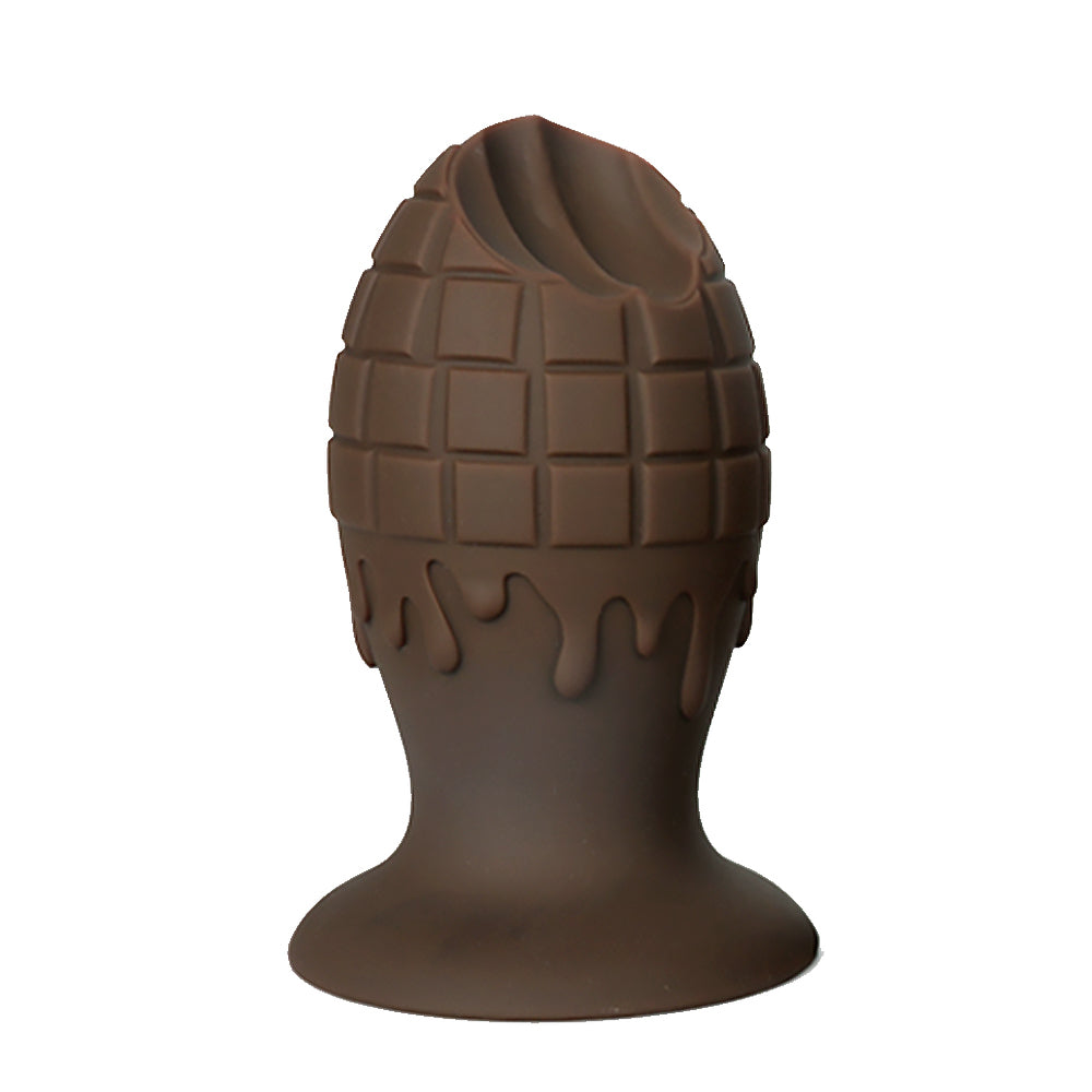 Chocolate 5 inch butt dildo on white background.