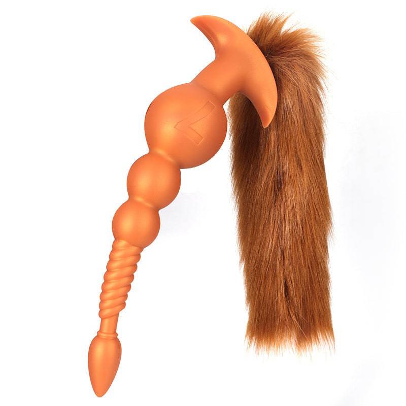 Fox 12 inch extra long anal bead with tail gold on white background.