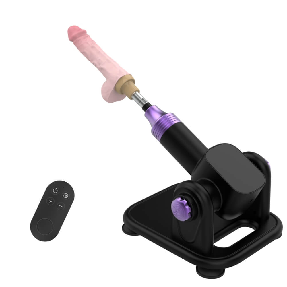 Fully automatic remote control telescopic adjustable angle sex machine with dildo on a white background.