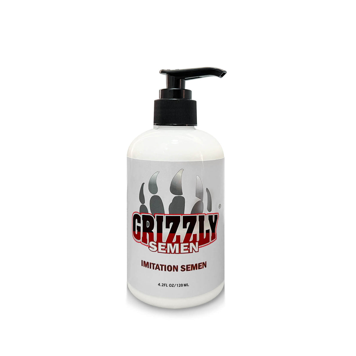 Grizzly imitation semen water based lubricant 4.2oz on white background.