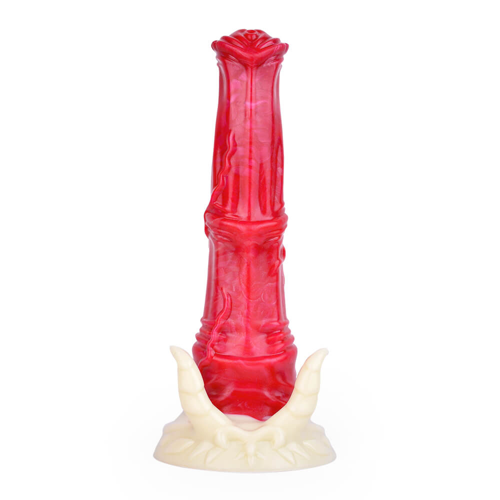 Front view of hell fire® horned stallion 9 inch horse dildo standing upright on a white background.