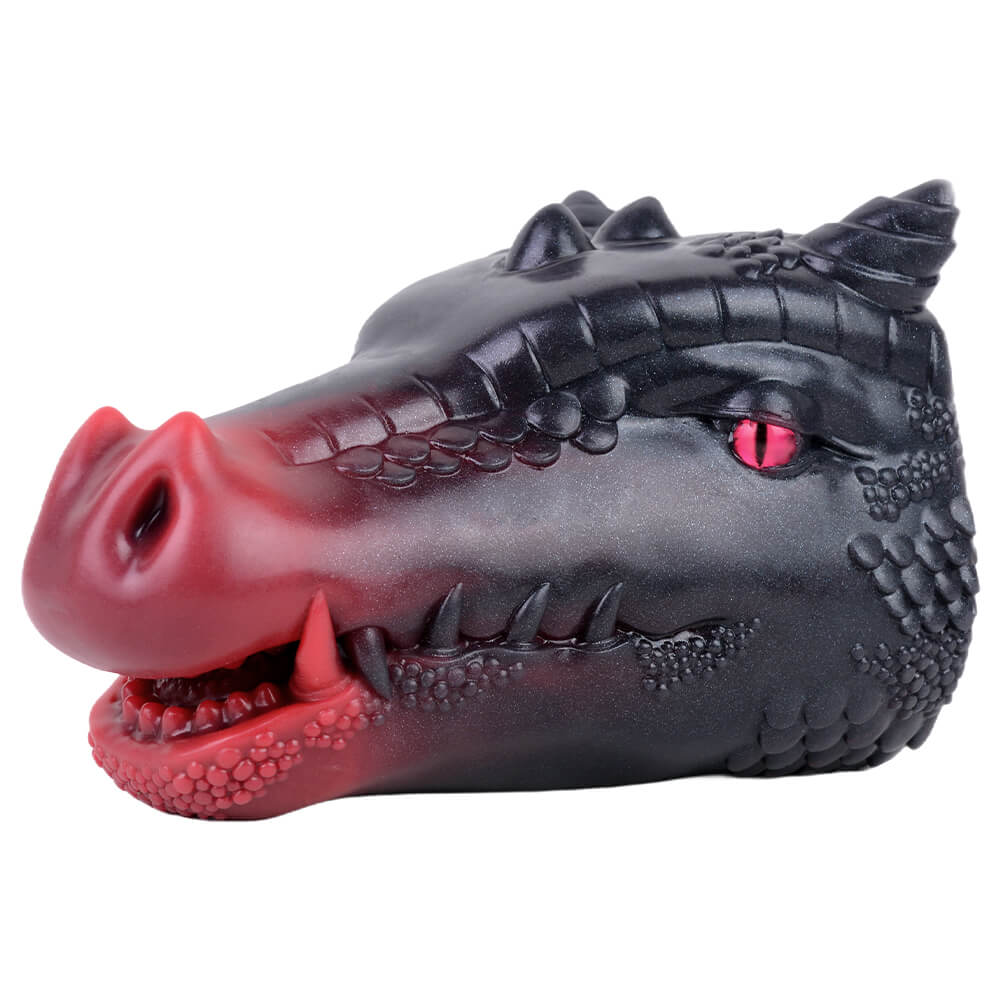 Male silicone fantasy dragon masturbator black red left side view on white background.