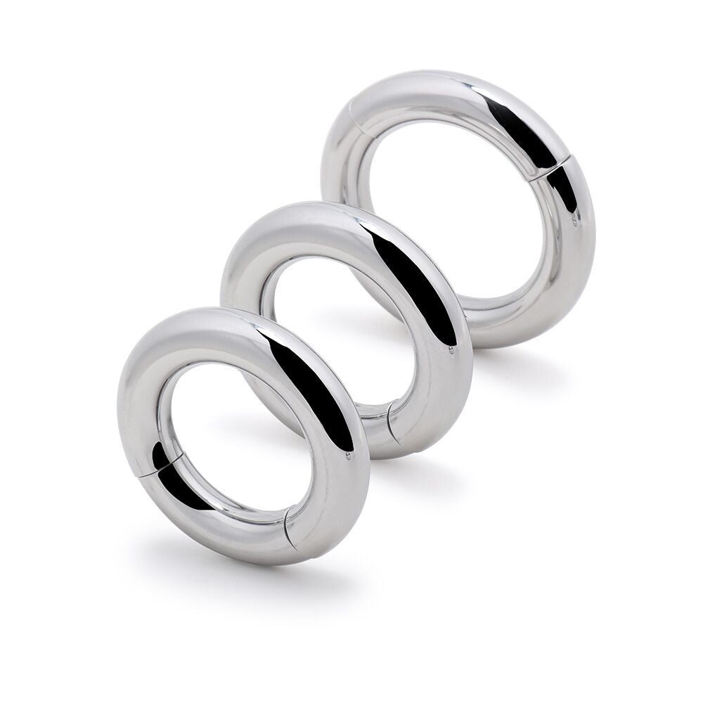 The three sizes of metal magnetic cock ring are displayed on a white background.