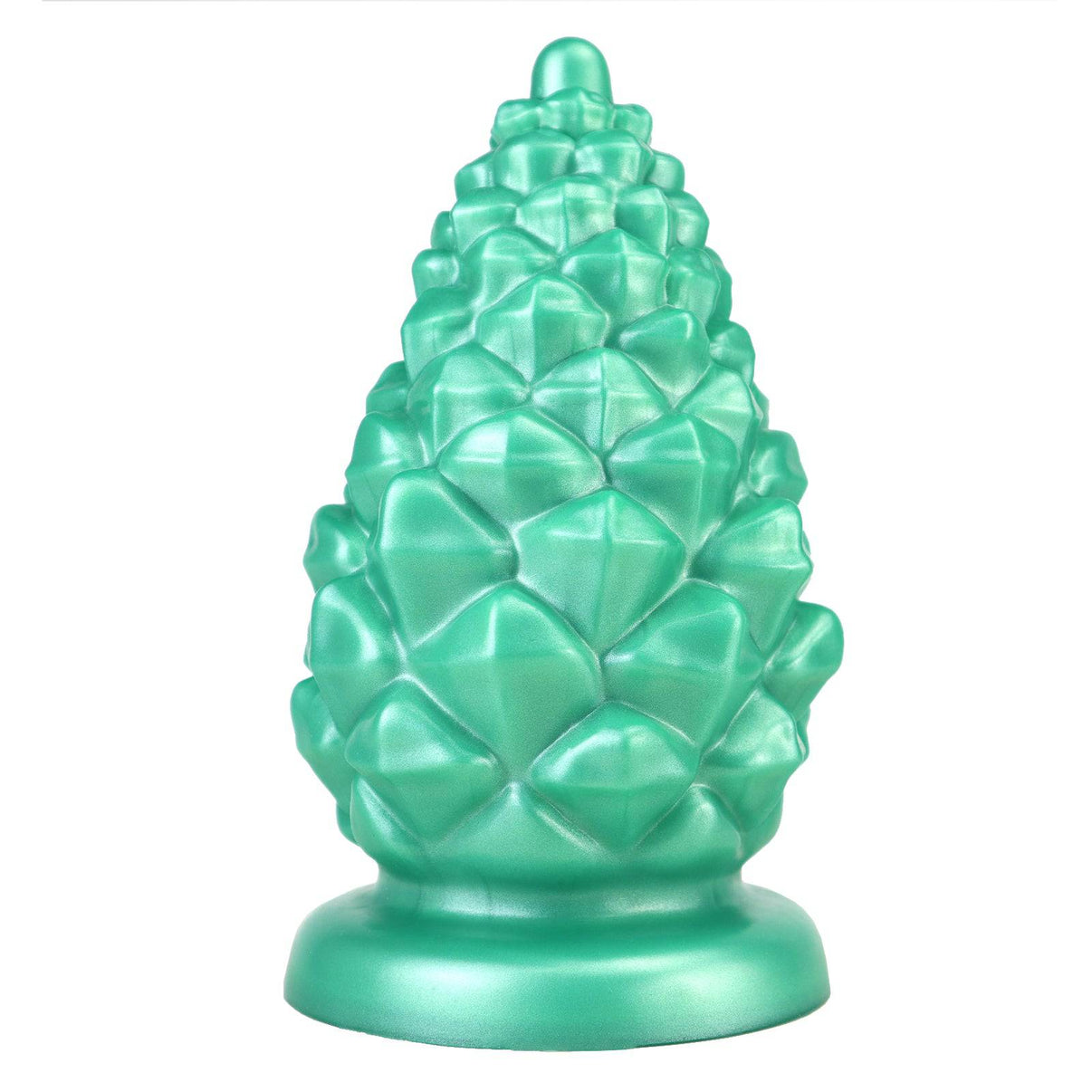 Pine cone 6 inch huge butt plug in green on a white background.
