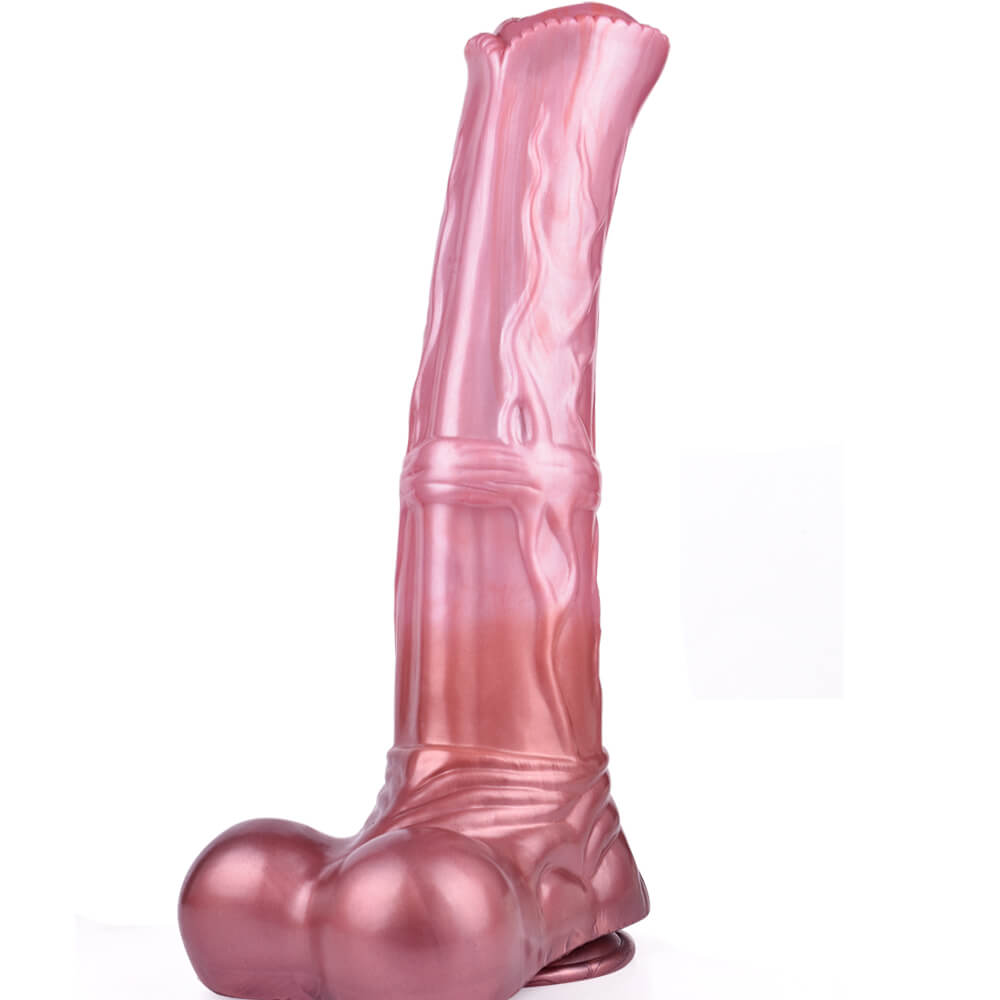 Stallion 14 inch fantasy flared horse dildo standing upright in front view on white background.