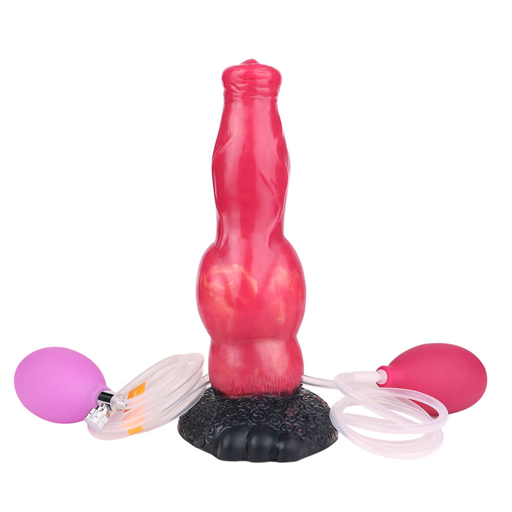 Tharnok 8 inch squirting dog knot dildo with inflatable design front view on white background, showing realistic canine shaft and knot details.