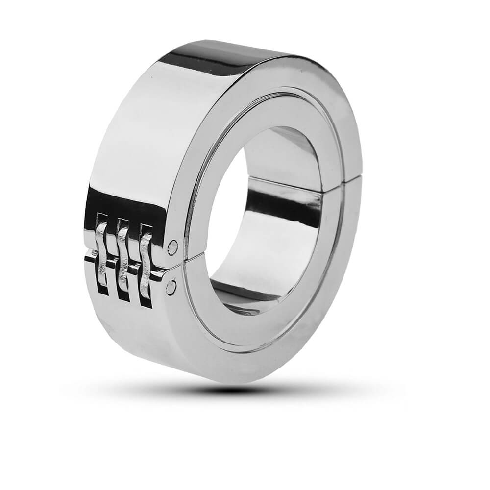 Weighted metal cock ring with double ring design displayed on white background showing overall view with smooth glossy surface.