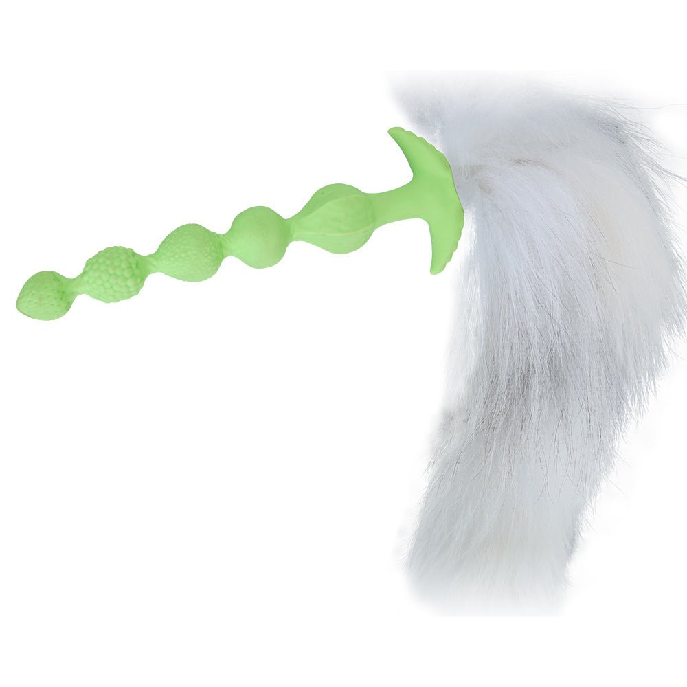 Emerald Heart Fox Tail Plug with Beads – Soft Silicone Fantasy Anal Beads with Fluffy White Tail - Tarisss Sex Toy Store