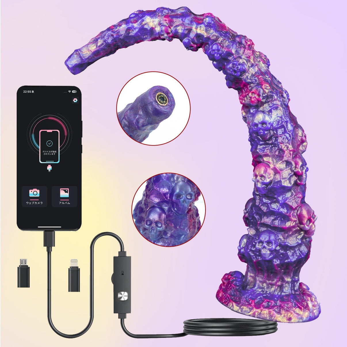 Gothic Skull Knight Anal Wand with HD Endoscope Camera - Mixed Purple Luminous Dildo with App Connection - Tarisss Sex Toy Store