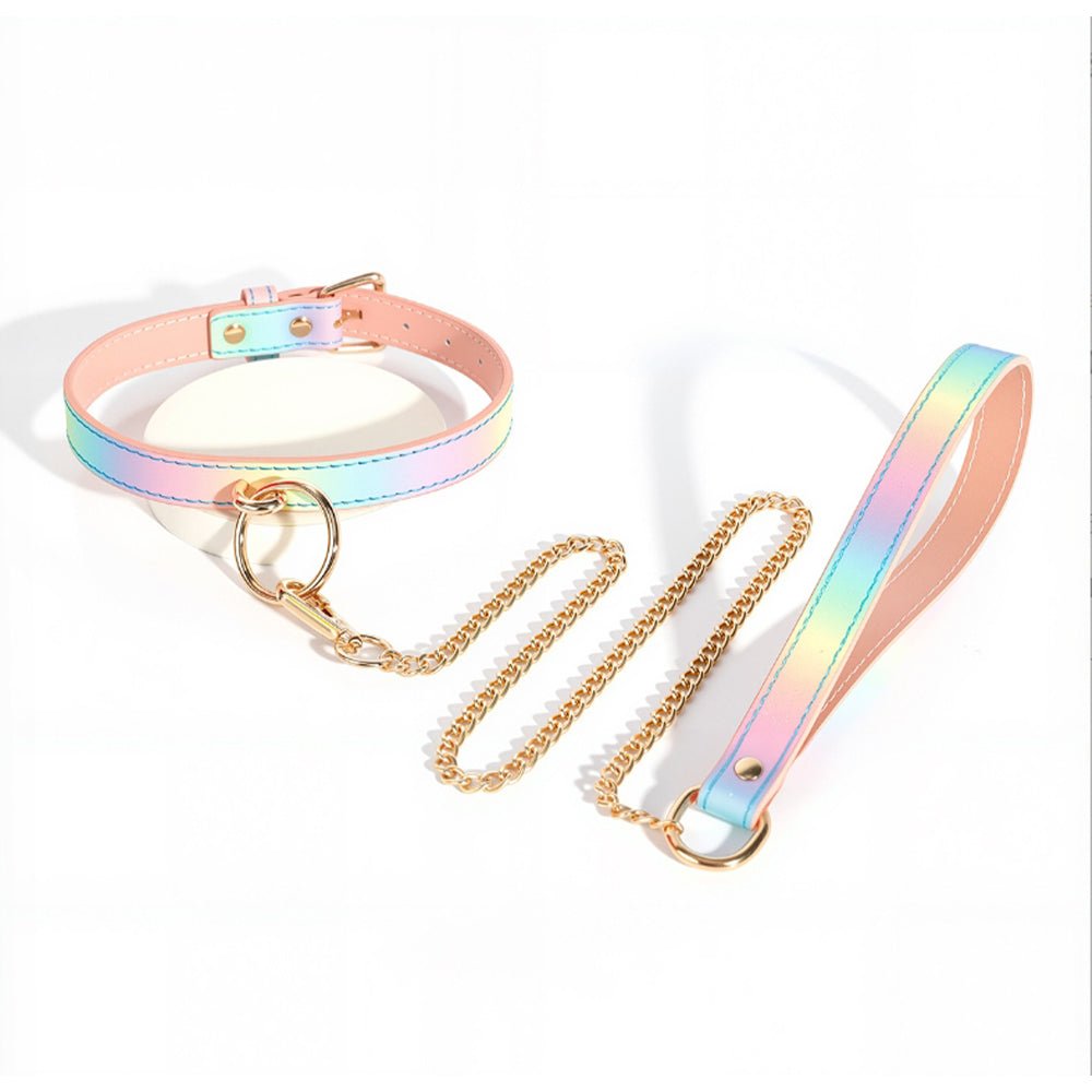 MAPARON Rainbow Leather Collar with Leash – Adjustable, PU Material, Perfect for Bondage Play - Tarisss Sex Toy Store
