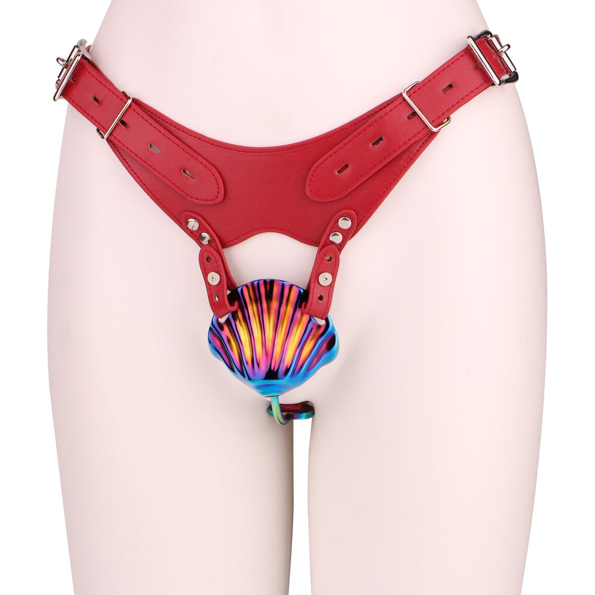 Rainbow Shell - Design Chastity Cage with Red Adjustable Harness - Tarisss Sex Toy Store